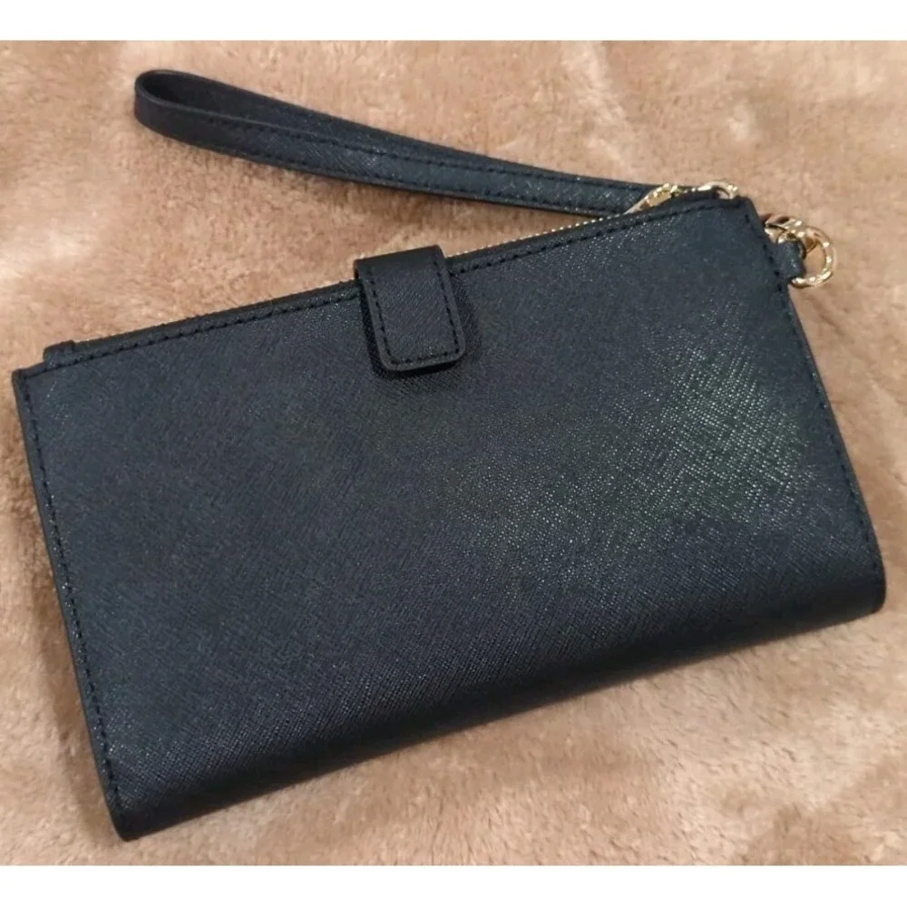 MICHAEL KORS JET SET DOUBLE ZIP WALLET PHONE CASE WRISTLET MK BLACK LEATHER GOLD